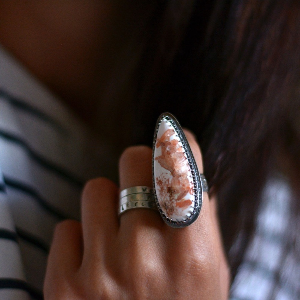 Scolecite Peony Petals Sterling Ring